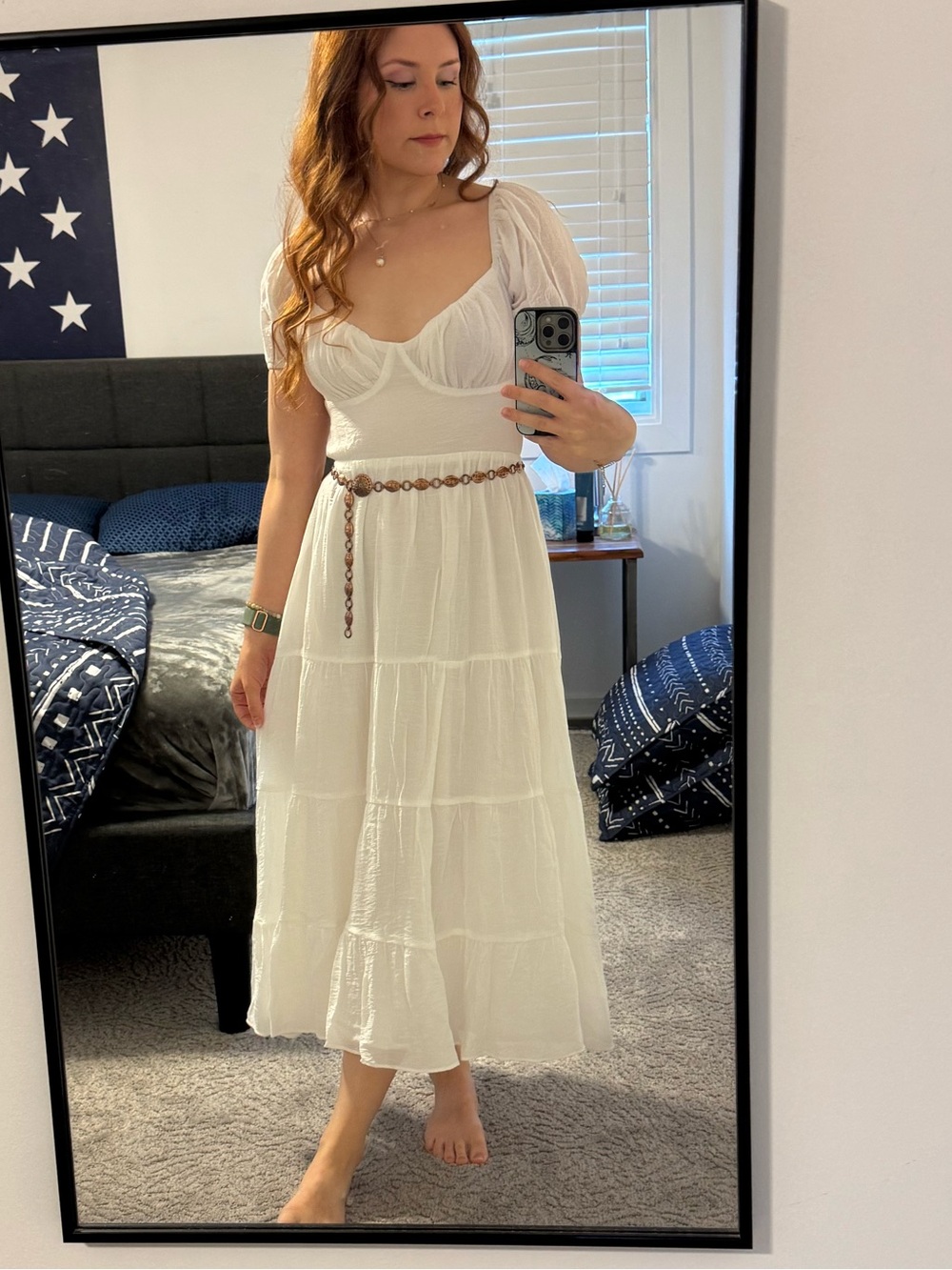 Sage + Paige White Backless Bridal Midi Dress with Puff Sleeves